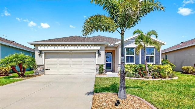 3718 Mossy Limb Ct, Palmetto, FL 34221 - view of front of house featuring a garage, a front lawn, concrete driveway, and stucco siding
