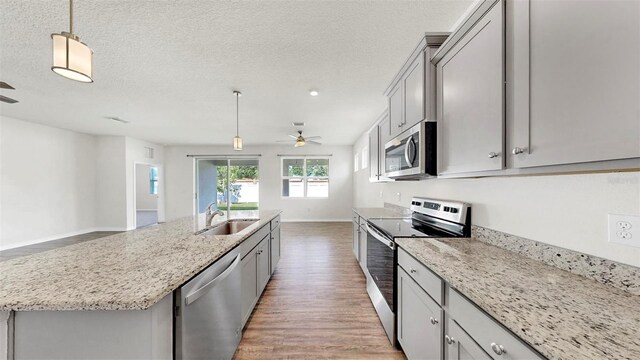 3718 Mossy Limb Ct, Palmetto, FL 34221 - kitchen featuring stainless steel appliances, ceiling fan, a sink, gray cabinetry, and a textured ceiling