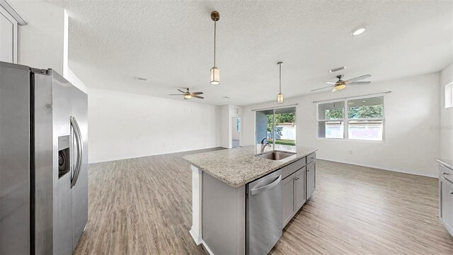 3718 Mossy Limb Ct, Palmetto, FL 34221 - kitchen with appliances with stainless steel finishes, a ceiling fan, a sink, light wood-type flooring, and a textured ceiling