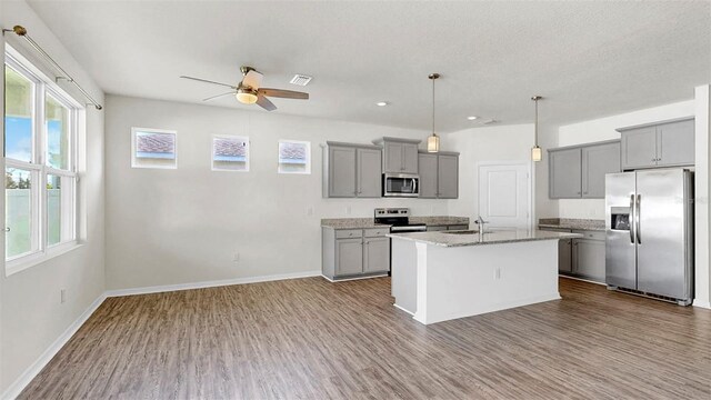 3718 Mossy Limb Ct, Palmetto, FL 34221 - kitchen with appliances with stainless steel finishes, gray cabinets, a sink, ceiling fan, and recessed lighting