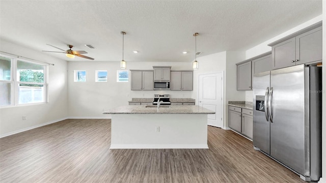 3718 Mossy Limb Ct, Palmetto, FL 34221 - kitchen with stainless steel appliances, gray cabinetry, dark wood finished floors, a center island with sink, and a textured ceiling