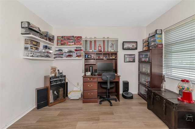 office space featuring light hardwood / wood-style flooring and a textured ceiling