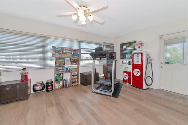 exercise room featuring light hardwood / wood-style flooring, ceiling fan, and plenty of natural light