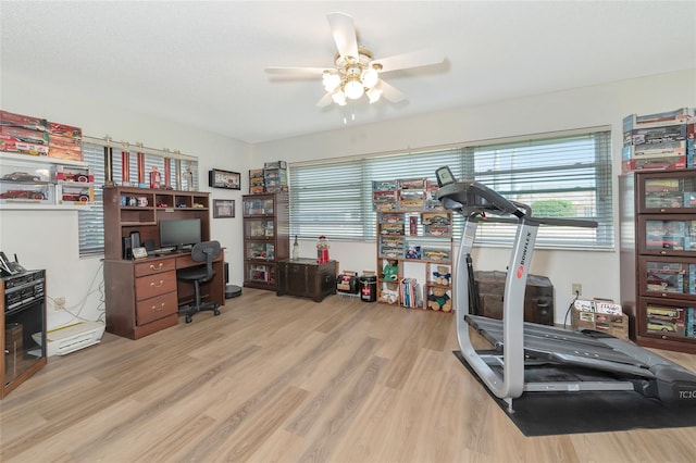 home office featuring light hardwood / wood-style floors and ceiling fan