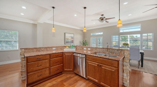 kitchen featuring light hardwood / wood-style flooring, dishwasher, and sink