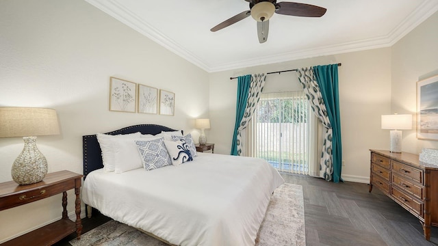 1789 Loma Linda St, Sarasota, FL 34239 - bedroom with baseboards, ornamental molding, ceiling fan, and access to exterior