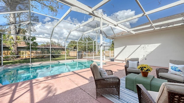 1789 Loma Linda St, Sarasota, FL 34239 - view of swimming pool with a lanai, a fenced in pool, a fenced backyard, an outdoor hangout area, and a patio