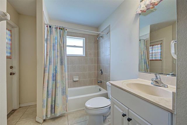 full bathroom with toilet, vanity, shower / bath combination with curtain, and tile patterned floors