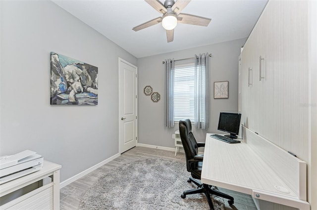 office space with light hardwood / wood-style flooring and ceiling fan