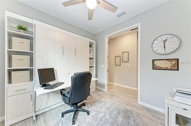 home office featuring light hardwood / wood-style floors and ceiling fan