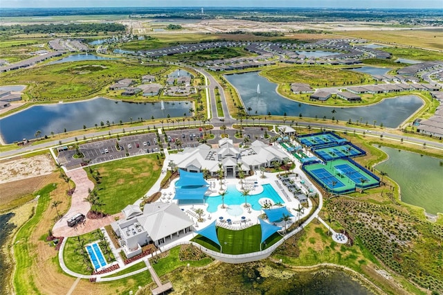 aerial view featuring a water view