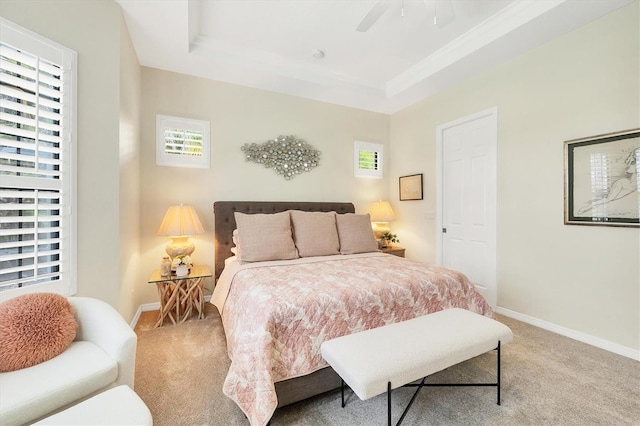 bedroom featuring carpet flooring, multiple windows, and a raised ceiling