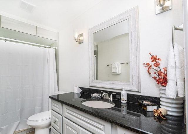 6317 Werner Ave, New Port Richey, FL 34652 - bathroom with vanity, toilet, ornamental molding, and a shower with curtain