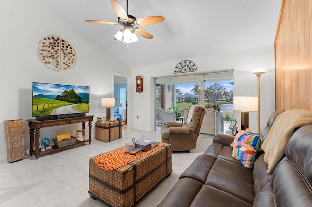 living room featuring ceiling fan, high vaulted ceiling, and light tile patterned floors