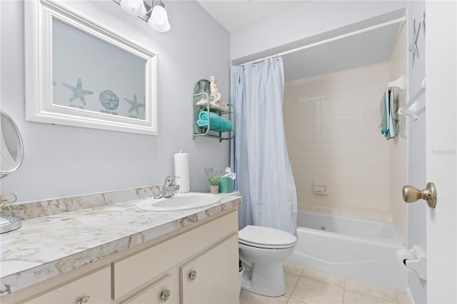 bathroom with toilet, vanity, shower / tub combo with curtain, and tile patterned floors