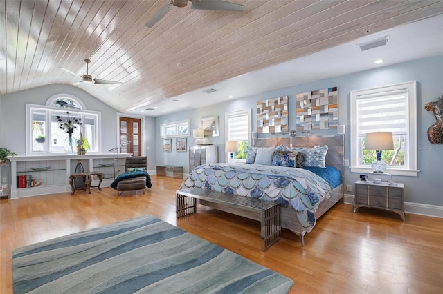 bedroom featuring wooden ceiling, wood-type flooring, vaulted ceiling, and ceiling fan