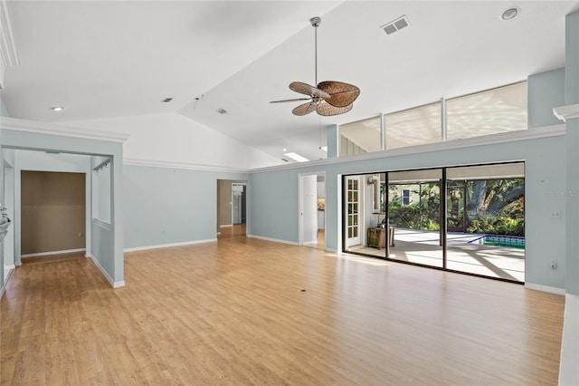 unfurnished living room with ceiling fan, light hardwood / wood-style flooring, high vaulted ceiling, and ornamental molding