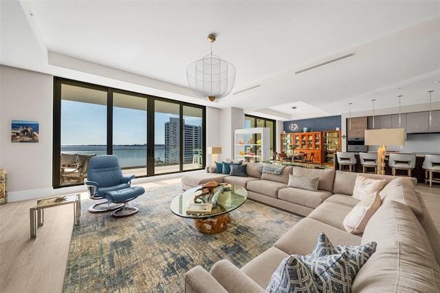 living room with light hardwood / wood-style floors and a water view