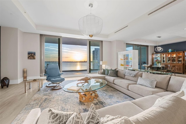 living room with light hardwood / wood-style floors and a raised ceiling