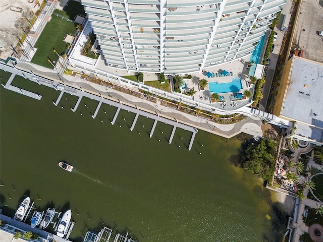 drone / aerial view featuring a water view