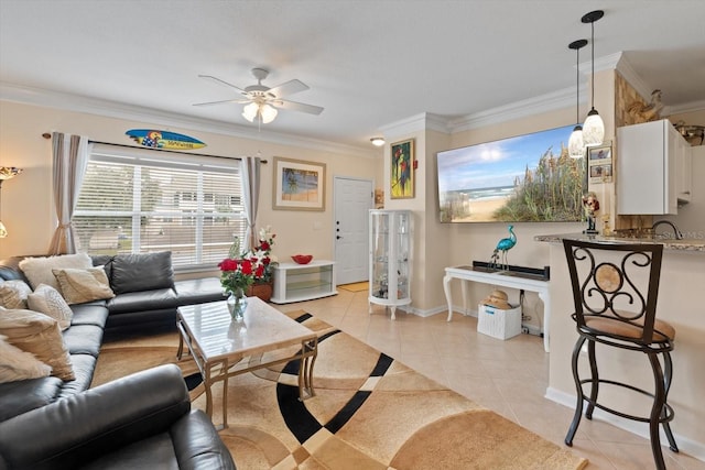 tiled living room with crown molding and ceiling fan