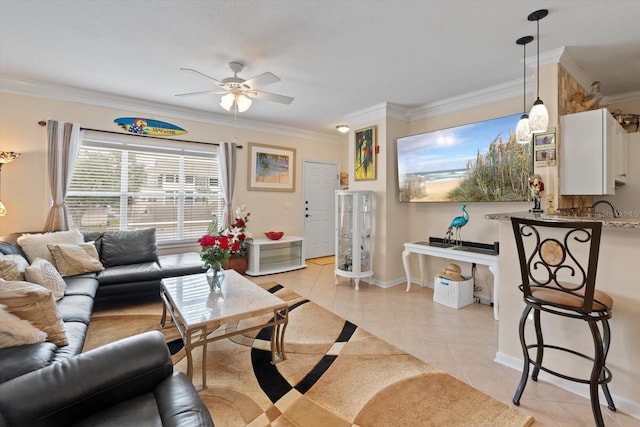 4802 51st St W Unit 1010, Bradenton, FL 34210 - living room with light tile patterned flooring, a ceiling fan, crown molding, and baseboards