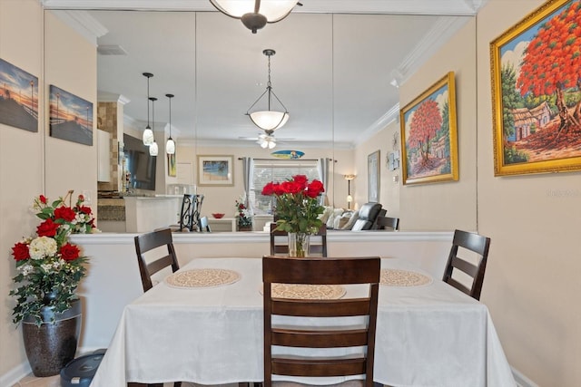 dining space with ceiling fan and crown molding