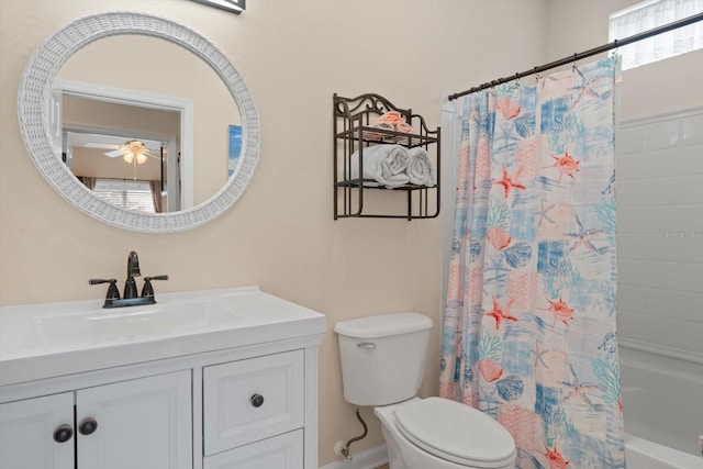 full bathroom with toilet, ceiling fan, vanity, and shower / tub combo