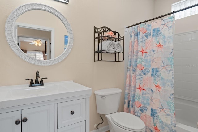 4802 51st St W Unit 1010, Bradenton, FL 34210 - bathroom with toilet, vanity, a ceiling fan, and shower / bathtub combination with curtain