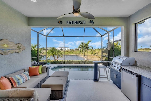 view of patio featuring area for grilling, a lanai, ceiling fan, outdoor lounge area, and a water view