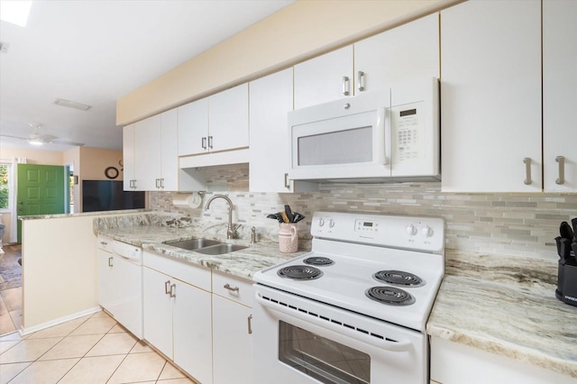 kitchen with white cabinets, tasteful backsplash, sink, and white appliances