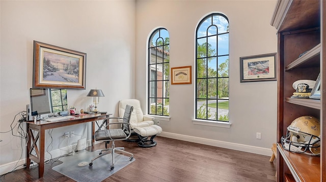 home office featuring dark wood-type flooring