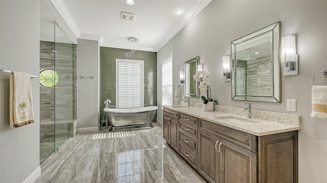 bathroom with shower with separate bathtub, vanity, and ornamental molding