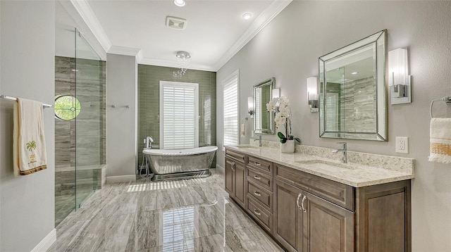 9291 Swaying Branch Rd, Sarasota, FL 34241 - bathroom featuring ornamental molding, a soaking tub, double vanity, marble finish floors, and tiled shower