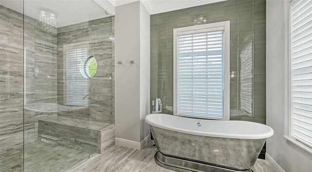 9291 Swaying Branch Rd, Sarasota, FL 34241 - full bathroom with tiled shower, a freestanding tub, baseboards, and crown molding