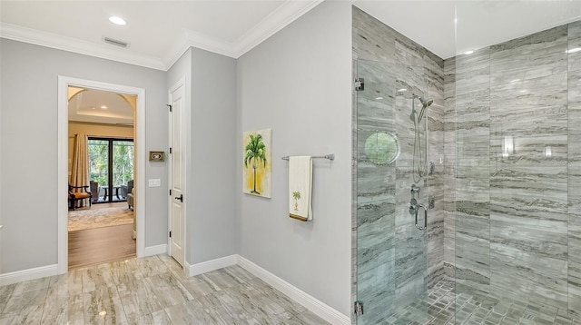 9291 Swaying Branch Rd, Sarasota, FL 34241 - ensuite bathroom with a stall shower, crown molding, baseboards, and recessed lighting