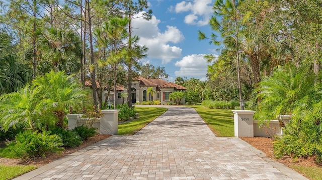 view of property's community with decorative driveway and a lawn