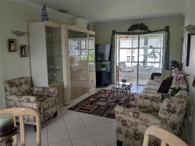 living room with crown molding and light tile patterned floors