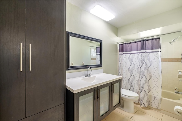 full bath featuring shower / tub combo, vanity, toilet, and tile patterned floors