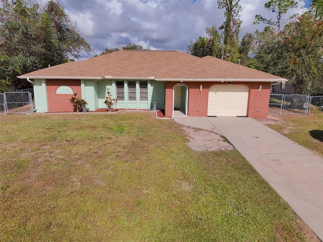 ranch-style home with a front yard and a garage