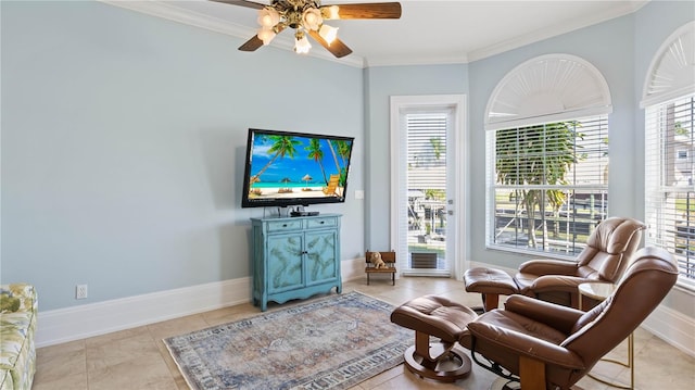 tiled living room featuring ceiling fan and crown molding