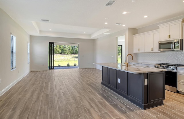 kitchen featuring a tray ceiling, a kitchen island with sink, white cabinets, and stainless steel appliances