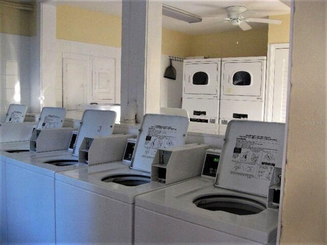 1570 Pleasant Rd Unit J-26, Bradenton, FL 34207 - laundry room with washer and clothes dryer, stacked washer and dryer, and ceiling fan