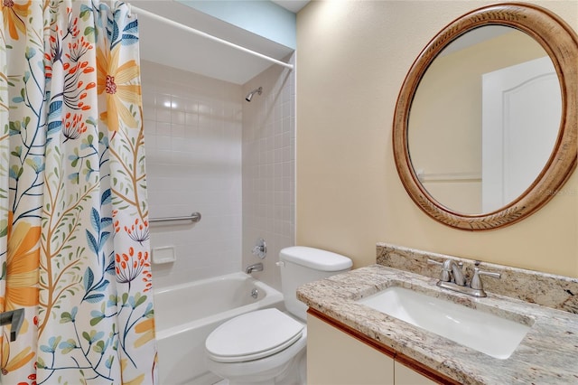 full bathroom with vanity, toilet, and shower / bathtub combination with curtain