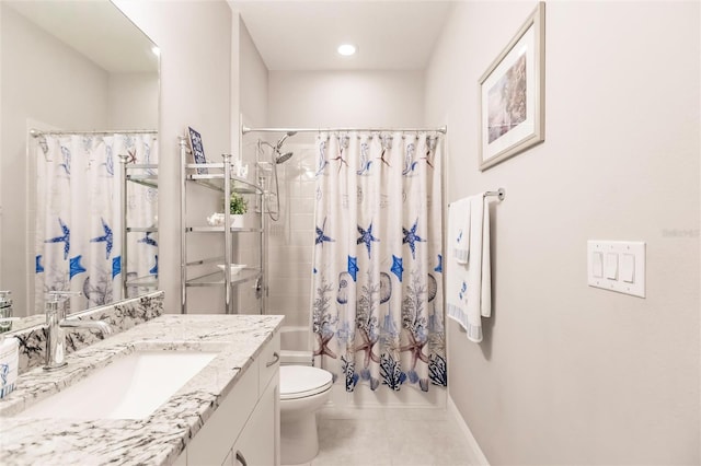 full bathroom with tile patterned floors, vanity, shower / bath combination with curtain, and toilet