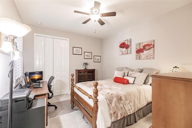 bedroom with light carpet, a closet, and ceiling fan