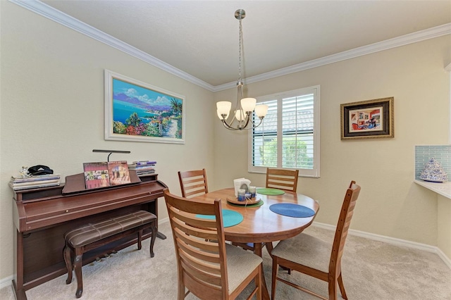 carpeted dining room featuring crown molding and an inviting chandelier