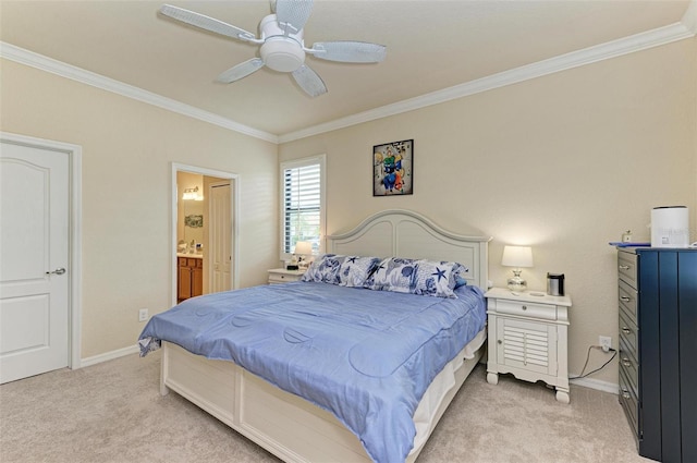 carpeted bedroom featuring connected bathroom, ceiling fan, and ornamental molding