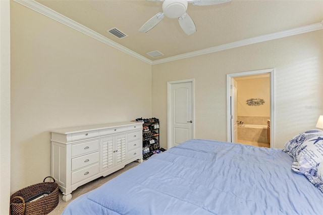 bedroom with ornamental molding, ensuite bathroom, and ceiling fan