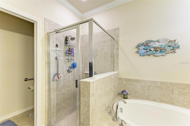 bathroom with independent shower and bath, ornamental molding, and tile patterned floors